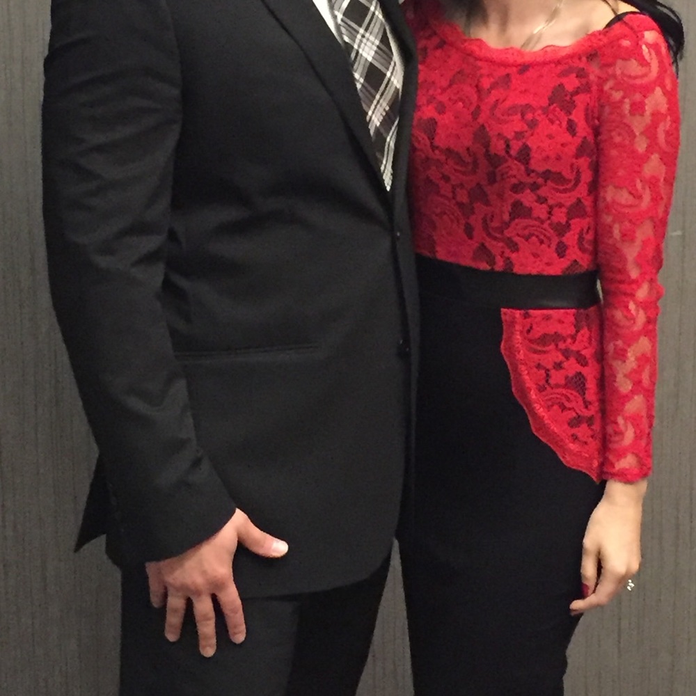 Red and black lace dress